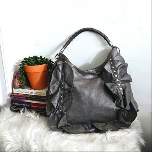 Susan Farber Sicily Metallic Gray Studded Ruffle Hobo Bag